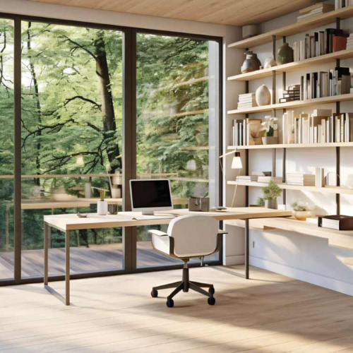 desk with computer and window